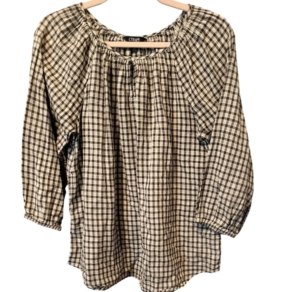 Chaps Womens M Gingham Check Button Neck Casual Tunic Shirt Elastic Cuff Sleeves